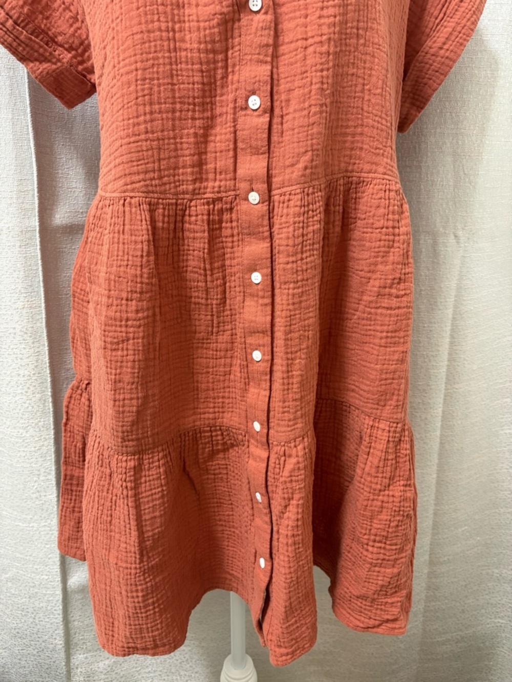 Madewell Lightspun Cuff-Sleeve Button-Front Tiered Mini Dress Boho Size Medium - Picture 4 of 11